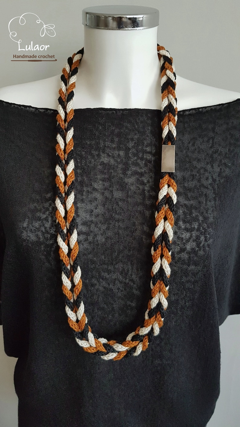 braided necklace loop necklace cord necklace Knit necklaces black and off white and burnt orange necklace