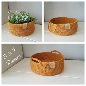 Pattern for 3 crochet baskets, 3 in 1 pattern, cotton yarn baskets, round baskets, pdf downlaod, easy pattern, 1 pattern 3 different style&#39;s