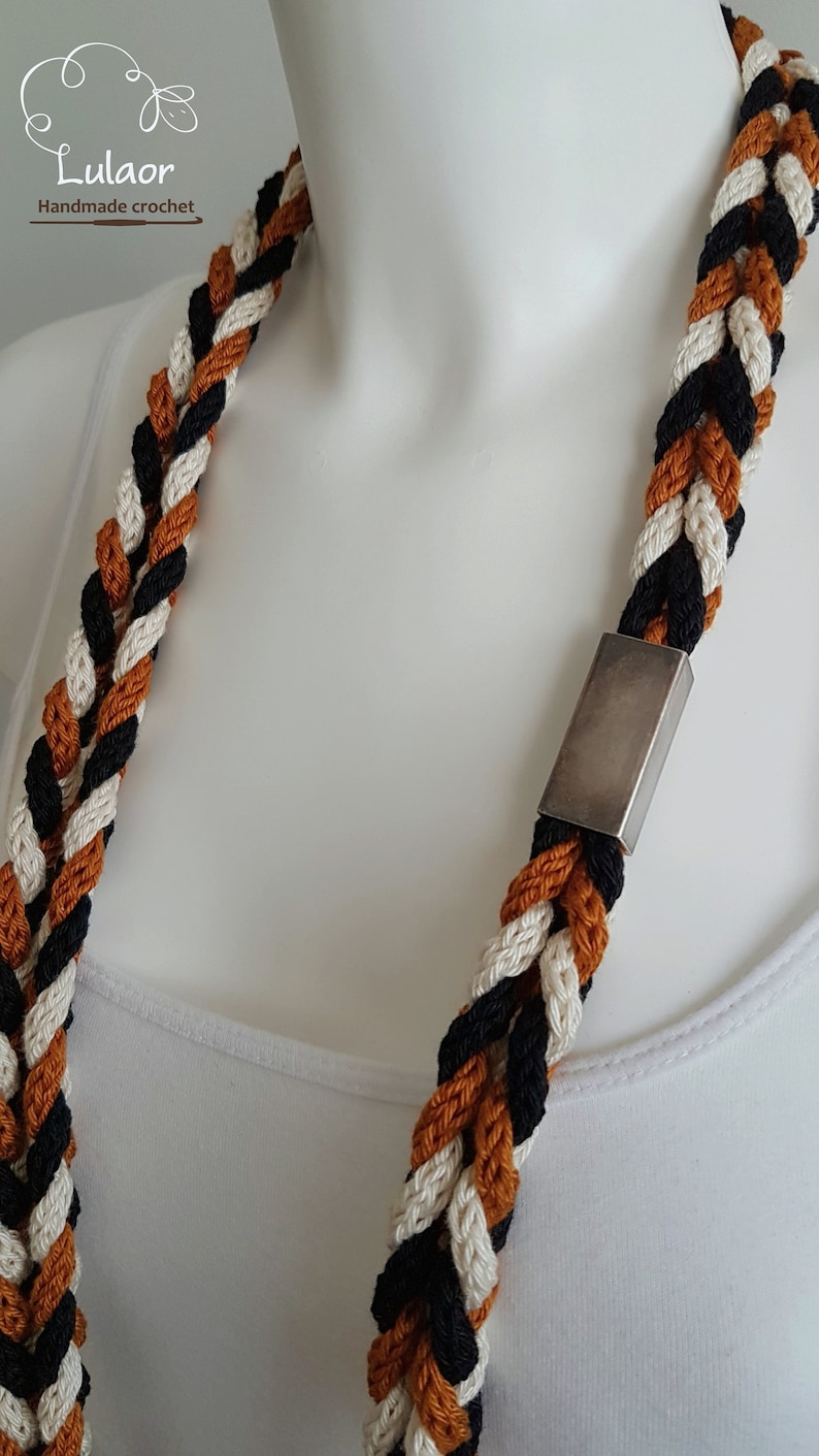 braided necklace loop necklace cord necklace Knit necklaces black and off white and burnt orange necklace