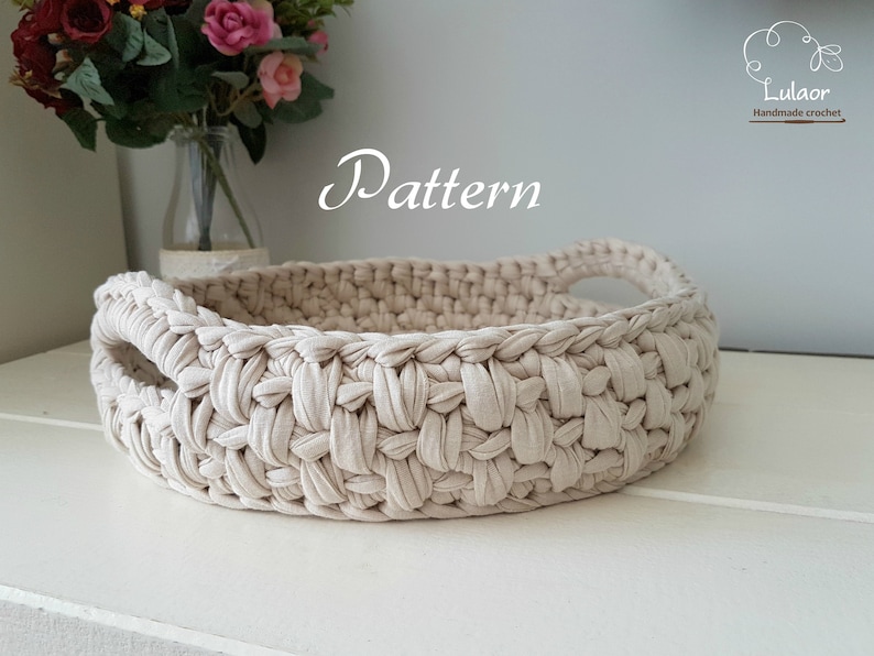 Pattern for crochet basket,crochet tshirt yarn basket pattern, crochet patterns, round basket pdf downlaod, easy crochet pattern,mika basket image 1