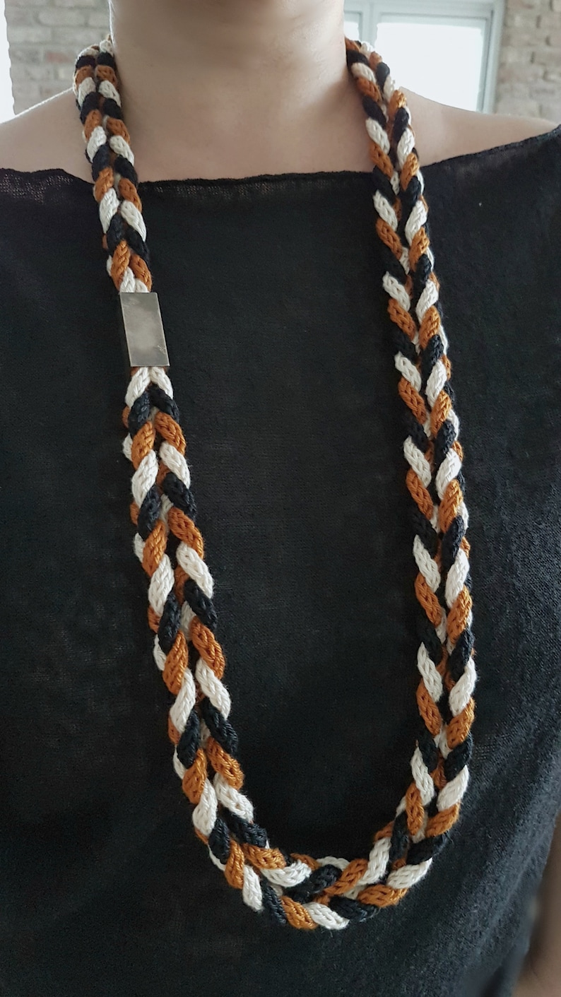 braided necklace loop necklace cord necklace Knit necklaces black and off white and burnt orange necklace