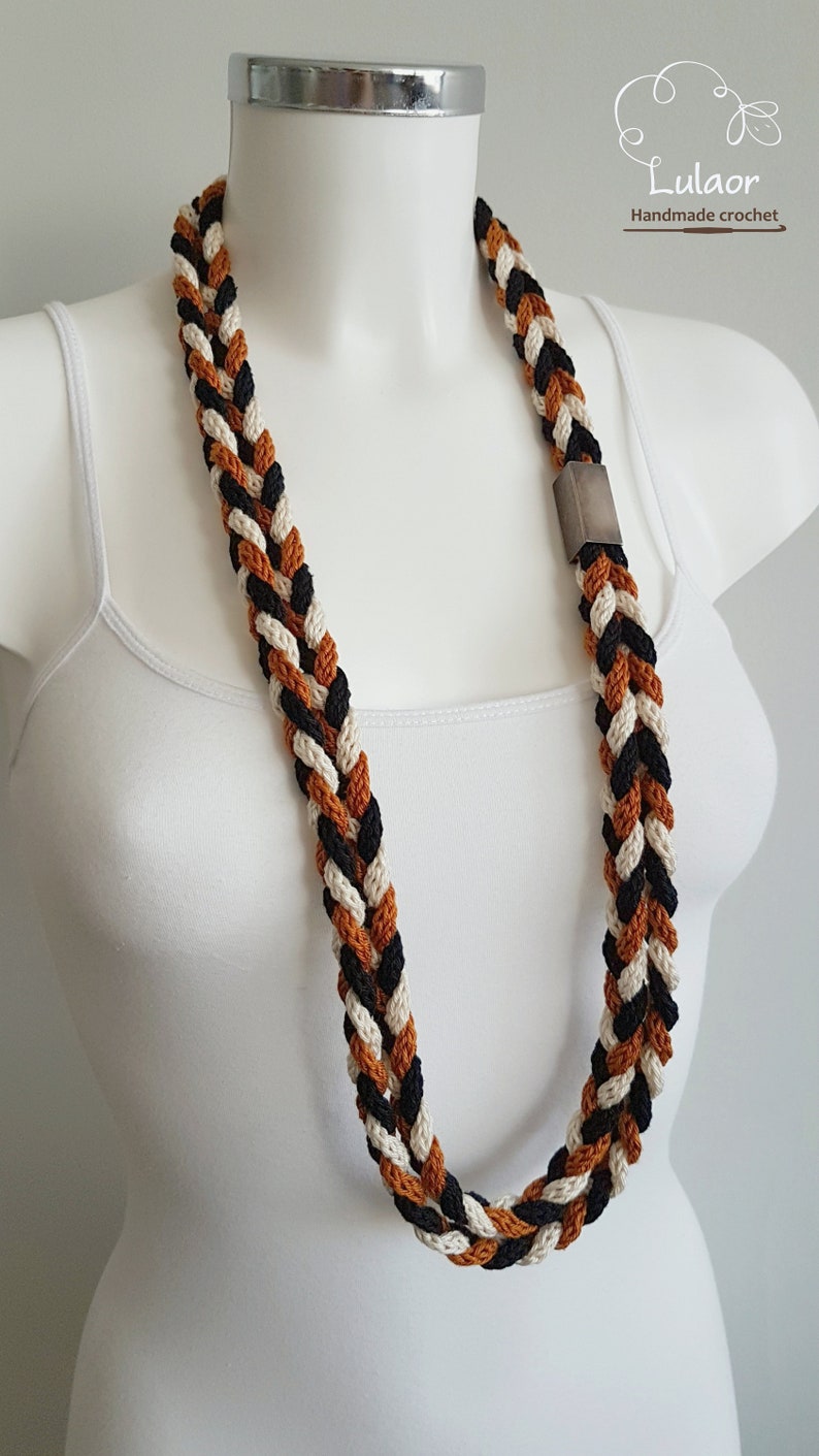 braided necklace loop necklace cord necklace Knit necklaces black and off white and burnt orange necklace