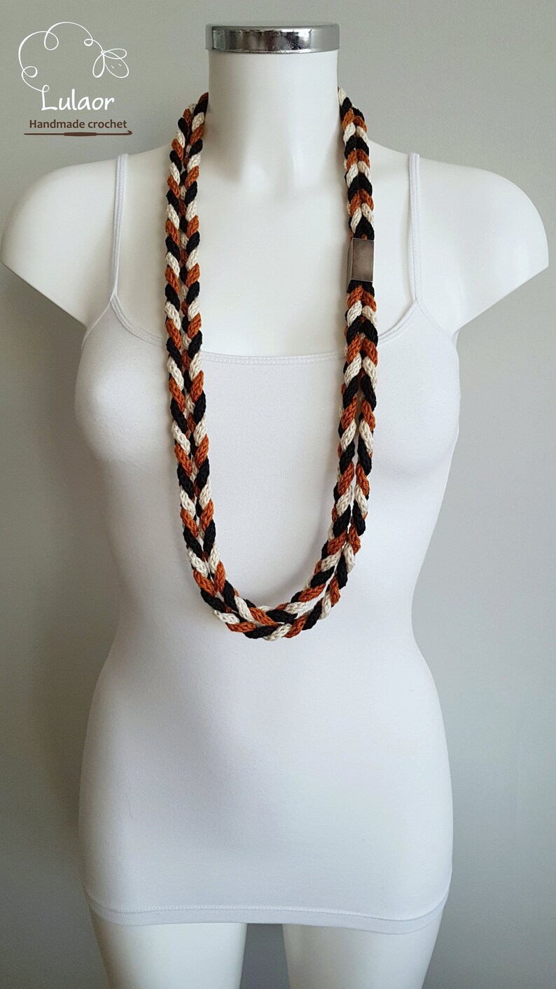 braided necklace loop necklace cord necklace Knit necklaces black and off white and burnt orange necklace