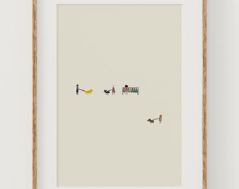 Dog Walker Art Print – Mid-Century Modern Minimalist Park Scene (Digital Download)