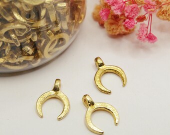 16mm raw brass moon charms for micro macramé and wire jewelry making. Tribal charms, ethnic gold pendants.