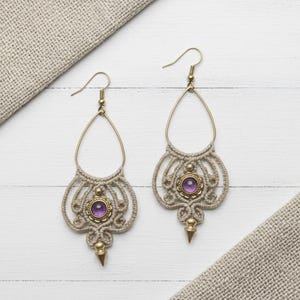Customizable Micro Macrame Earrings with Amethyst, Labradorite or Moonstone