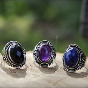 Silver rings with stone. Sodalita, Amethyst, Onyx. Tribal jewelry. image 1