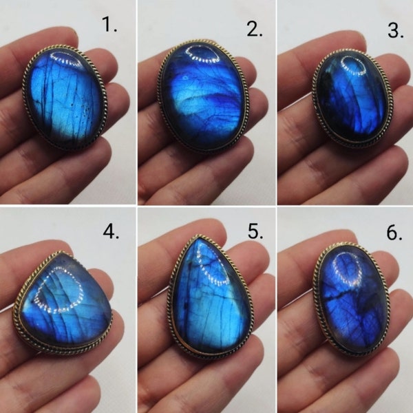 Cabujón ranurado, blue labradorite grooved stone, piedras con marco de latón para la fabricación de joyas, macramé, blue labradorite, brass