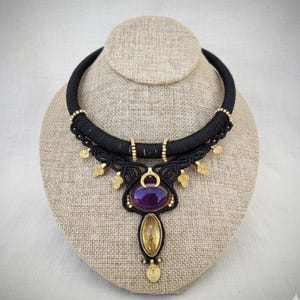 CHANDRA Collection. Macrame Brass Choker with Amethyst and Citrine - Tribal Punk Style - Handmade Necklace with Gothic and Boho Chic Touches