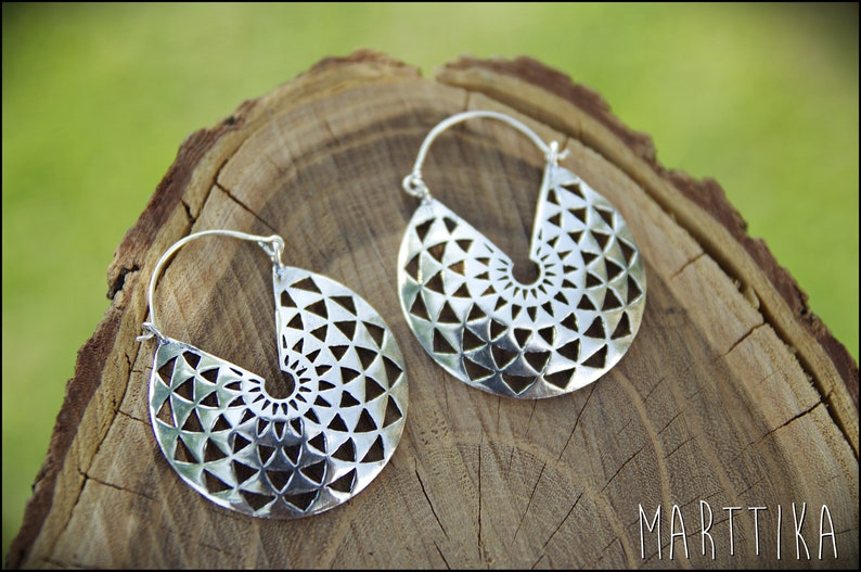 Silver Geometric Earrings Tribal Earrings With Minimalist Design Etsy