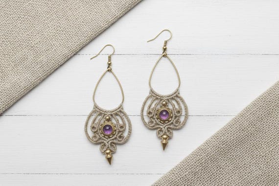 Customizable Micro Macrame Earrings with Amethyst, Labradorite or Moonstone
