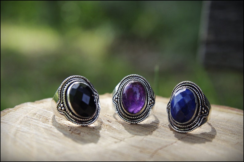 Silver rings with stone. Sodalita, Amethyst, Onyx. Tribal jewelry. image 1