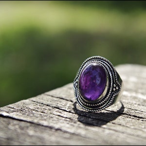 Silver rings with stone. Sodalita, Amethyst, Onyx. Tribal jewelry. AMETHYST- 7.5 US