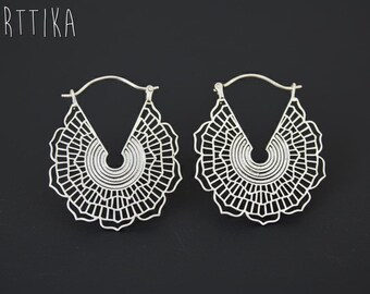 Brass Mandala Flower Earrings, Handcrafted Tribal Jewelry, Bohemian Ethnic Inspiration