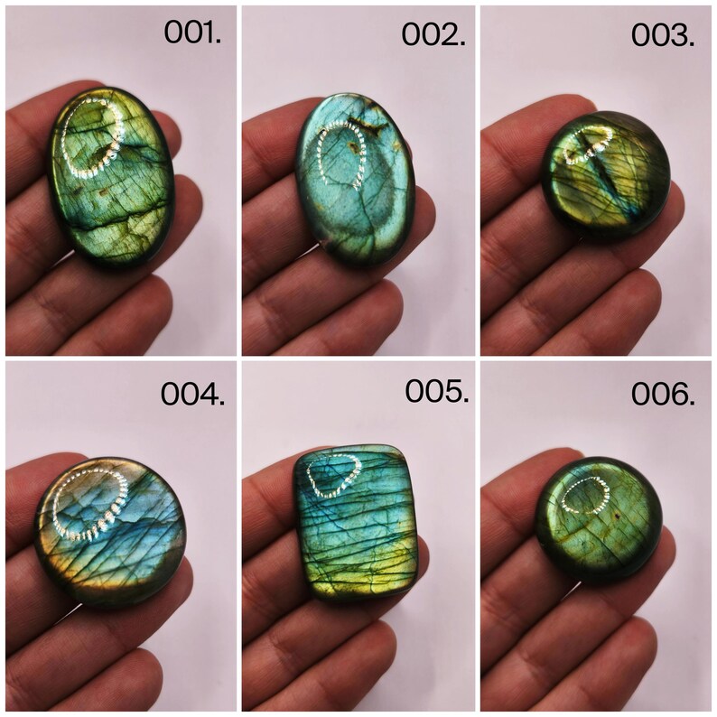 May include: Six polished labradorite gemstones in various shapes: oval, round, and rectangular. The stones display iridescent flashes of blue, green, and yellow. Each stone is held in a hand, with the numbers 001 through 006 visible.