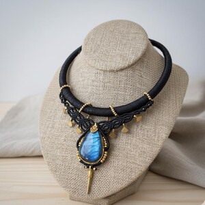 CHANDRA Collection. Macrame Brass Choker with Blue Labradorite - Tribal Punk Style - Handmade Necklace with Gothic and Boho Chic Touches