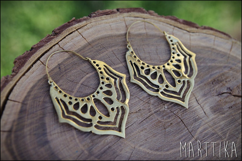Gold Tribal Earrings in Solid Brass. Ethnic and Tribal Style Earrings