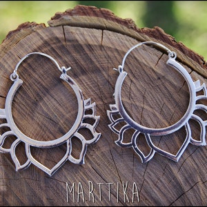 Large Lotus Flower Earrings. Solid Brass Silver Plated Tribal Earrings. Ethnic and Tribal Style Earrings. Indian Jewelry.