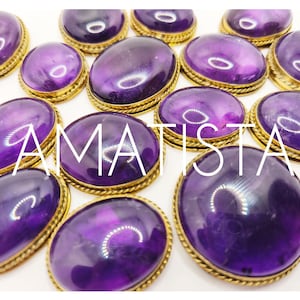 Slotted amethyst cabochon, brass-framed stones for micro macrame jewelry making, macrame jewelry supplies