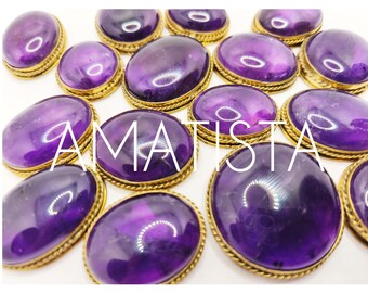 Slotted amethyst cabochon, brass-framed stones for micro macrame jewelry making, macrame jewelry supplies