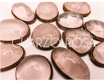 Slotted Rose Quartz Cabochon, Brass Framed Stones for Micro Macrame Jewelry Making, Macrame Jewelry Material