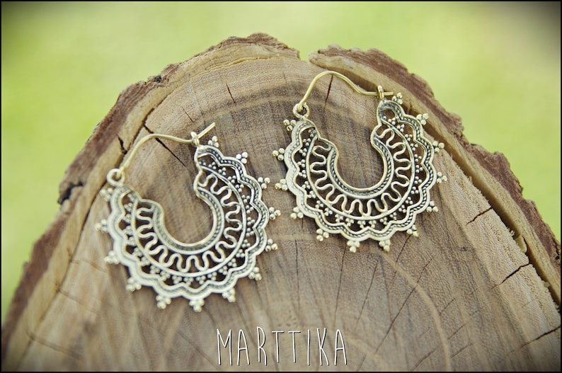 Gold Tribal Earrings in Solid Brass. Ethnic and Tribal Style Earrings