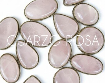 Slotted Rose Quartz Cabochon, Brass Framed Stones for Micro Macrame Jewelry Making, Macrame Jewelry Material