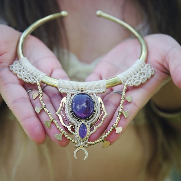 Brass macrame choker. tribal choker. Gypsy jewelry, amethyst necklace, festival jewelry, handmade jewelry,