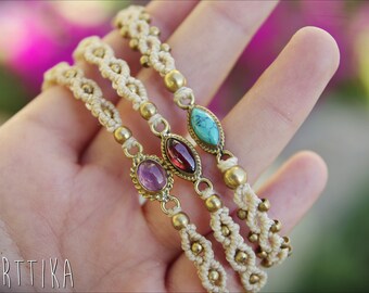 Macramé Bracelet with Natural Stones: Garnet, Turquoise, Amethyst or Labradorite