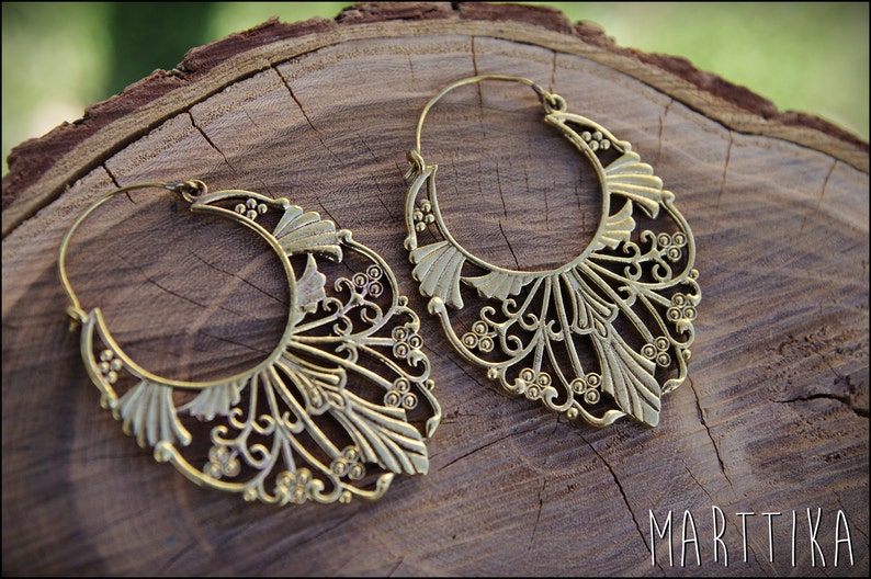 Gold Tribal Earrings in Solid Brass. Ethnic and Tribal Style Earrings