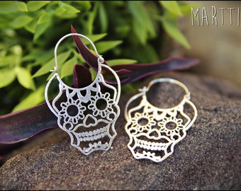 Boucles d'oreilles tête de mort, Boucles d'oreilles en laiton, Boucles d'oreilles Boho, Boucles d'oreilles pendantes, Jour des morts, Boucles d'oreilles Festival, Boucles d'oreilles ethniques, Halloween