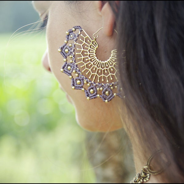 Big brass macrame earrings with brass beads. Mandala earring. Boho. Boho jewelry. Tribal earrings. Gypsy hoops. Brass hoops. Mandala macrame