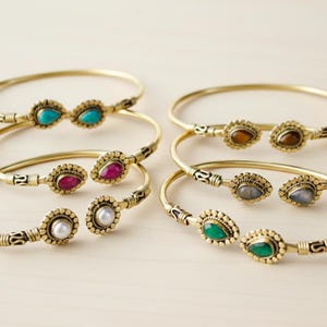 Brass Bracelets with Pearl, Labradorite and Ruby (Ruby Color) - Adjustable Tribal Jewelry