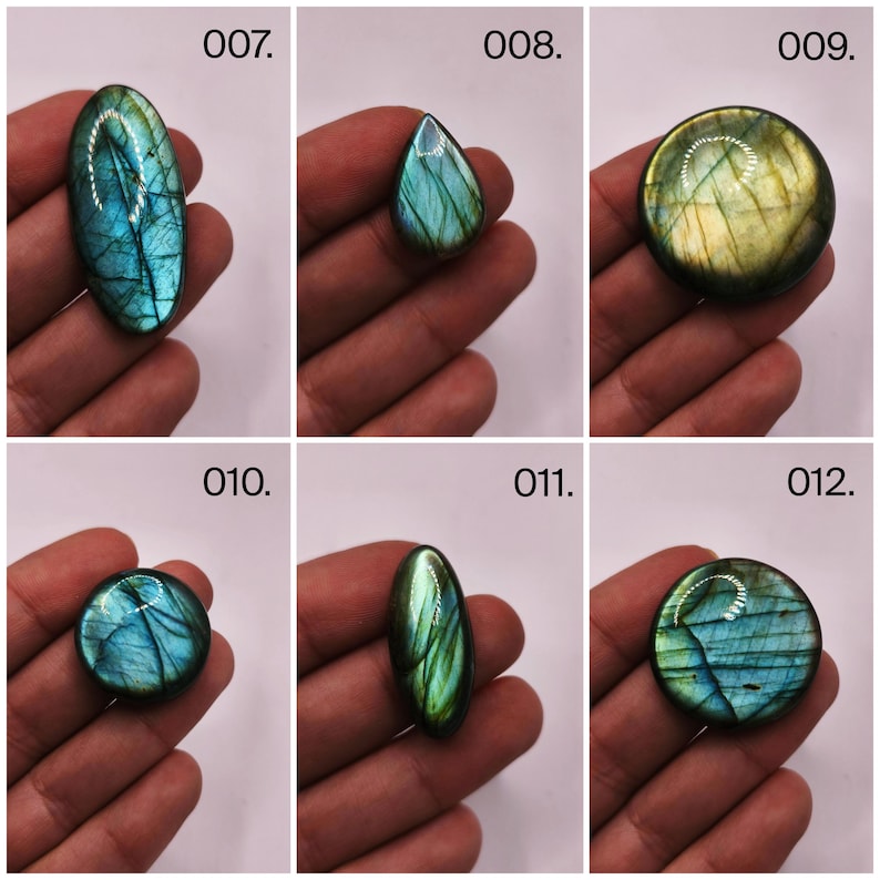 May include: A collection of six polished labradorite gemstones in various shapes. The stones display iridescent blue, green, and gold flashes. Each stone is held in a hand, with the numbers 007 through 012 visible in the image.
