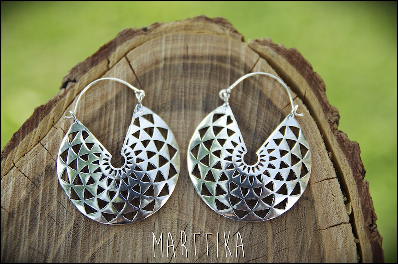 Silver Geometric Earrings Tribal Earrings With Minimalist Design Etsy