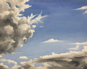 Impresión artística de paisaje de nubes de cielo azul - Pintura realista firmada