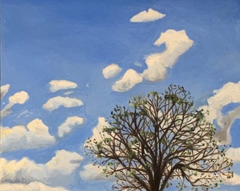 Pintura al óleo de paisaje de árboles, arte de cielo azul (14 x 11 pulgadas)