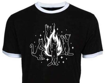 Black Ringer Shirt: Campfire Kitty Seance | Black Cats | Magical | Witches and Witchcraft | Witchy Cat Illustration