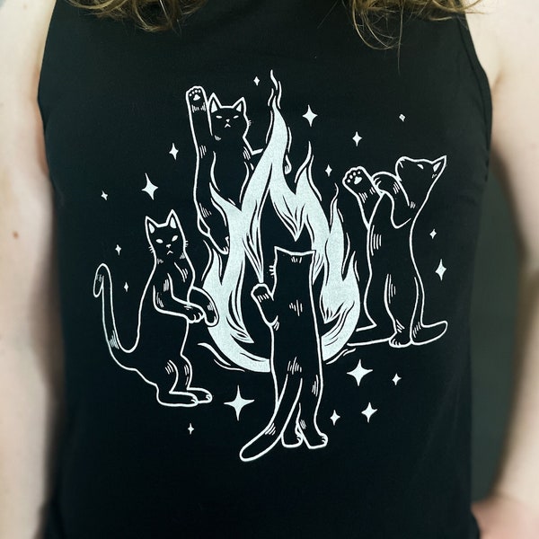 Unisex Muscle Tank: Campfire Kitty Seance | Black Cats | Magical | Witches and Witchcraft | Witchy Cat Illustration