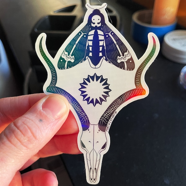 Rainbow Holographic Kudu Antelope Skull and Deathhawk Moth Sticker