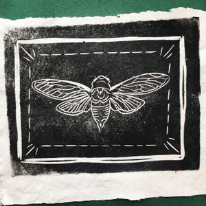 May include: A black and white linocut print of a cicada insect. The insect is centered within a white rectangular border with a dashed line design. The print is on a piece of white fabric with a green background.