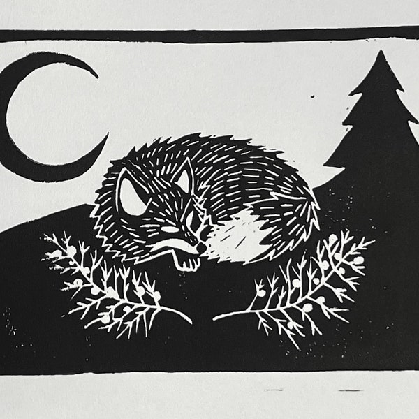 Sleeping Fox Art Print | Lino Print | Juniper Branches | Waning Crescent Moon | Cottagecore Aesthetic