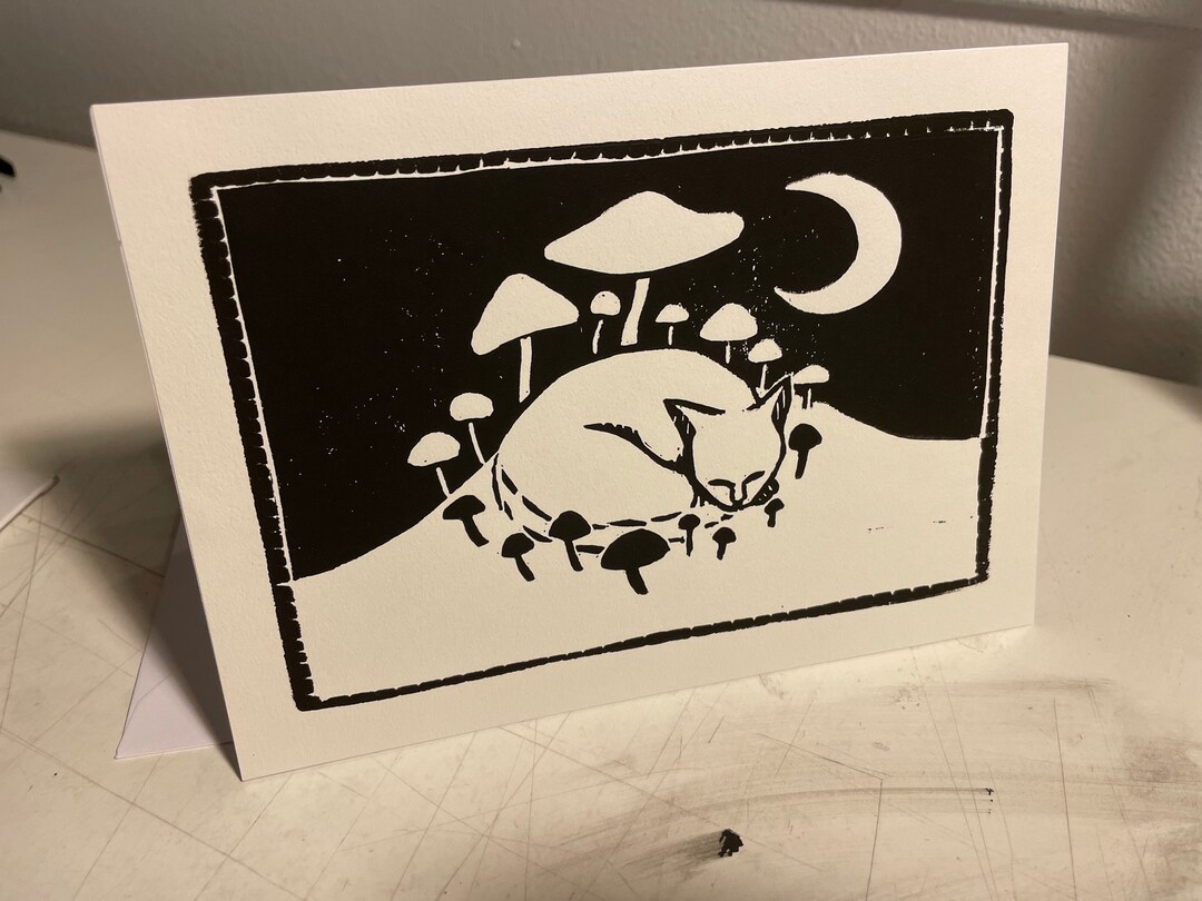 PRE-ORDER: Sleepy Mushroom Cat Greeting Card | Linocut Print | Waxing ...