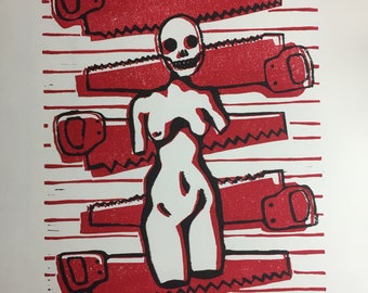 Death as a Woman Print | Skeleton Art Print | Nude Figure Art Print | Gothic & Macabre Art | Linocut Print | Block Print