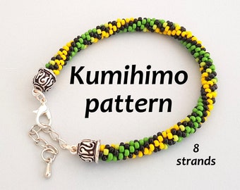 Patrón de pulsera de cuentas de semillas Kumihimo con cuentas de 8 hebras Tutorial paso a paso Descargar PDF Cuerda trenzada verde negra