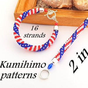 May include: Two Kumihimo bracelets in red, white, and blue colors with a silver clasp and a silver ring. The bracelets are made with 16 strands of beads and feature two different patterns. The text "2 Kumihimo patterns" and "2 in 1" is visible in the image.