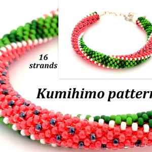 16 Strang Perlen Kumihimo Armband PDF Muster und Anleitung Wassermelone Design Rocailles bunt Schmuck Borte Seil Hippie Sommer Boho
