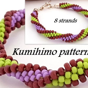 May include: A close-up of a multi-colored beaded bracelet made with a Kumihimo pattern. The bracelet is made with 8 strands of beads in shades of green, purple, and brown. The bracelet is shown in two different positions, with the text "8 strands" and "Kumihimo pattern" visible in the image.