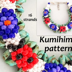 May include: A close-up of a turquoise and white beaded bracelet with red, blue, and purple flowers. The bracelet is made using the Kumihimo technique and has 16 strands. "Kumihimo pattern" is written below the bracelet.