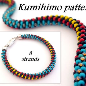 May include: A close-up of a colourful beaded bracelet made with a kumihimo pattern. The bracelet is made with black, red, yellow, and turquoise beads. The bracelet is 8 strands and has a magnetic clasp.